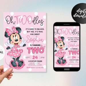 May include: Pink and white birthday invitation with a cartoon image of Minnie Mouse. The invitation says "Oh Two-dles" and "Sophia is turning two".