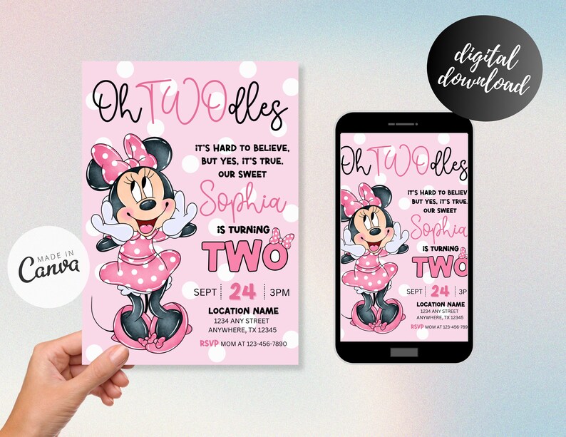 May include: Pink and white birthday invitation with a cartoon image of Minnie Mouse. The invitation says "Oh Two-dles" and "Sophia is turning two".