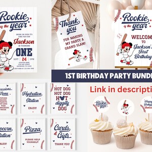 May include: A printable 1st birthday party bundle featuring a baseball theme with Mickey Mouse. The bundle includes invitations, welcome sign, food signs, cupcake toppers, and a thank you sign. The colors are red, white, and blue.