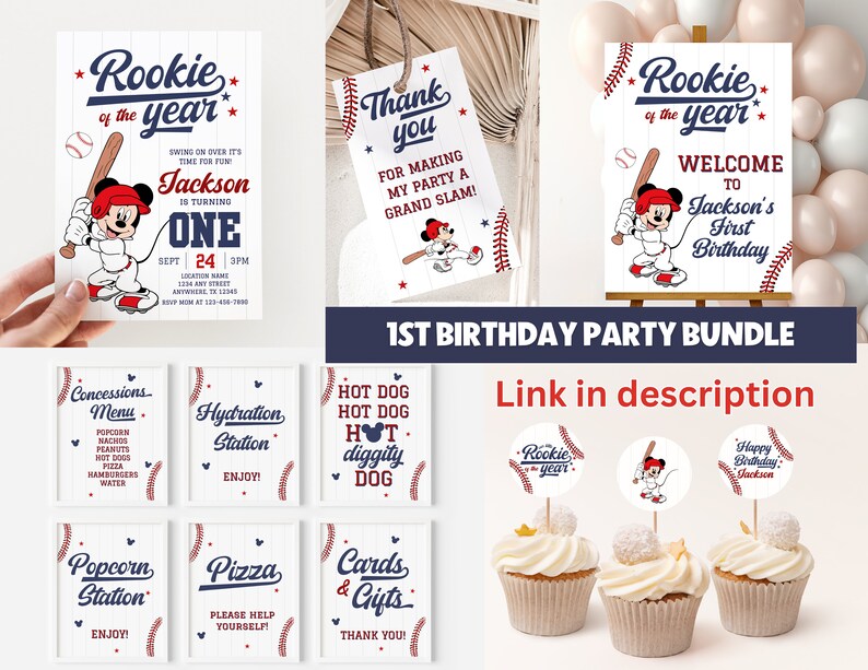 May include: A printable 1st birthday party bundle featuring a baseball theme with Mickey Mouse. The bundle includes invitations, welcome sign, food signs, cupcake toppers, and a thank you sign. The colors are red, white, and blue.