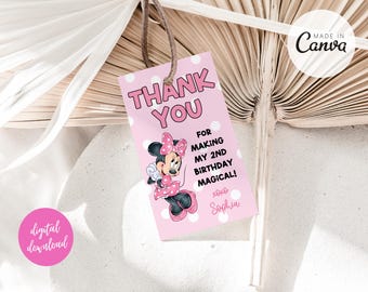 Editable Minnie Birthday Thank You Tags Girl Second Birthday Invite Cute Mouse Ears Birthday Theme Oh TWOdles Birthday Girl Party Favor Tags