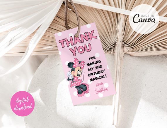 Editable Minnie Birthday Thank You Tags Girl Second Birthday Invite Cute Mouse Ears Birthday Theme Oh TWOdles Birthday Girl Party Favor Tags