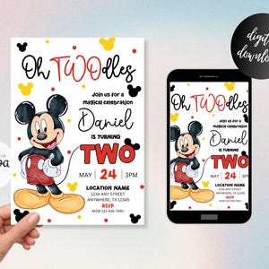 May include: Printable invitation for a child's second birthday party. The invitation features a cartoon image of Mickey Mouse, red and yellow polka dots, and the text "Oh Twoodles Daniel is turning Two".