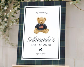 Vintage Teddy Baby Shower Welcome Sign, Preppy Baby Shower Decorations, Editable Luxury Teddy Bear Baby Shower Invite, Boy Baby Shower