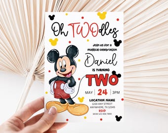 Bewerkbare Oh Twodles verjaardagsuitnodiging jongen 2e verjaardag uitnodigen schattige muis tweede verjaardagsfeestje Oh Twodles uitnodigen Mickey verjaardagsuitnodiging