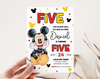 Mickey 5th Birthday Invite Editable Boy Fifth Birthday Invitation Cute Mouse Ears Birthday Invitation Mickey Birthday Boy Party Invite