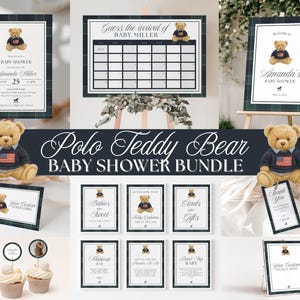 May include: A baby shower bundle with a polo teddy bear theme. Includes invitations, a calendar, welcome sign, and other decorative signs. The signs have a navy blue and green plaid border and feature a teddy bear wearing a sweater with an American flag.