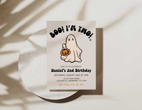 Editable BOO! I'm Two Invite Halloween 2nd Birthday Invitation Boy 2nd Birthday Invite Retro Ghost Two Spooky Minimalist Halloween Invite