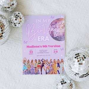 以下が含まれることがあります： ディスコボールのグラフィックと「In My Era」と「Madison's 9th Version」のテキストが書かれた、紫とピンクの誕生日招待状。招待状には、日付、時間、場所など、イベントの詳細が記載されています。