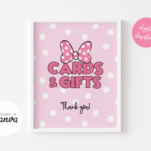May include: Pink and white polka dot printable sign with a pink bow and the text "Cards & Gifts" and "Thank you!"