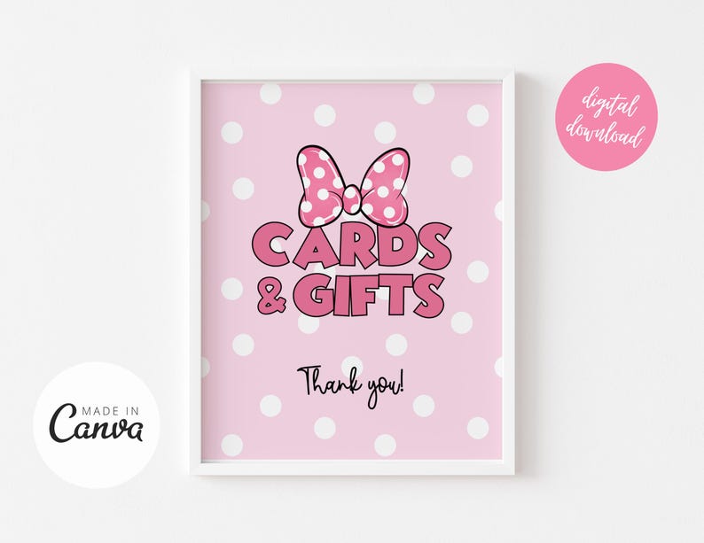 May include: Pink and white polka dot printable sign with a pink bow and the text "Cards & Gifts" and "Thank you!"