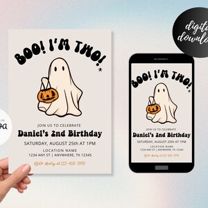May include: A printable invitation for a child's second birthday party. The invitation features a cartoon ghost holding a jack-o-lantern and the text "BOO! I'M TWO!" in a retro font. The invitation is designed for a Halloween-themed party.