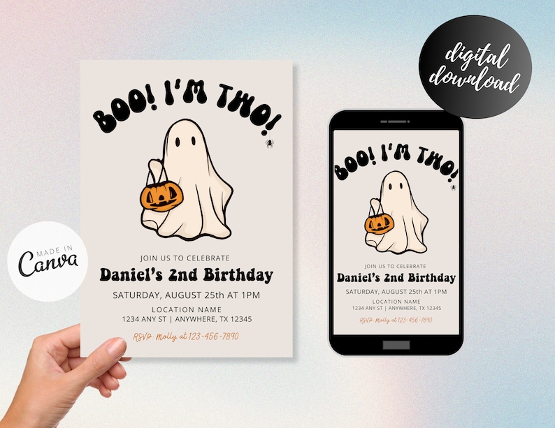 May include: A printable invitation for a child's second birthday party. The invitation features a cartoon ghost holding a jack-o-lantern and the text "BOO! I'M TWO!" in a retro font. The invitation is designed for a Halloween-themed party.
