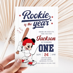 Convite de primeiro aniversário editável para novato do ano, convite de beisebol Mickey, primeiro aniversário de menino, tema de beisebol, ano de novato