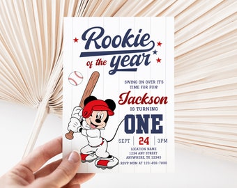 Editable Rookie of the Year First Birthday Invite Baseball Mickey 1st Birthday Invitation Boy First Birthday Baseball Theme Rookie Year