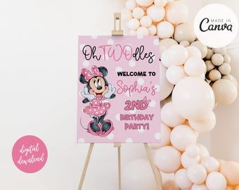 Editable Oh Twodles Birthday Welcome Sign Minnie 2nd Birthday Cute Mouse Second Birthday Oh Twodles Invitiation Boho Minnie Girl Invite