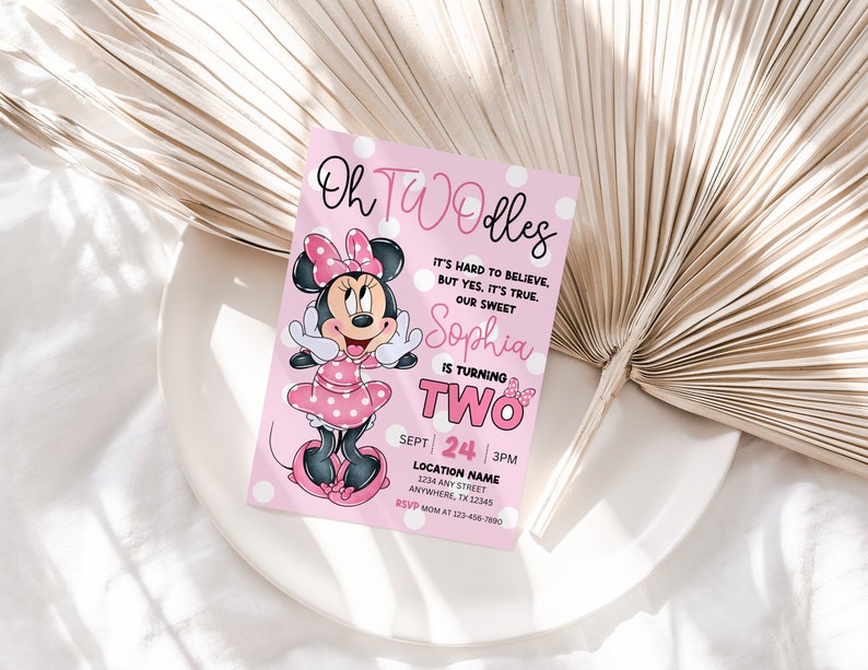 May include: Pink and white polka dot invitation with a cartoon image of Minnie Mouse. The text reads "Oh TWOlles" and "Sophia is turning TWO".