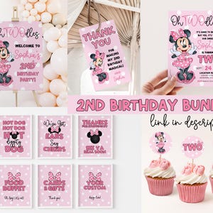 May include: A pink and white Minnie Mouse themed 2nd birthday party printable bundle. The bundle includes a welcome sign, thank you tags, cupcake toppers, food signs, and an invitation. The invitation says "Oh Two-dles, It's hard to believe, but yes it's true, our sweet Sophia is turning two."
