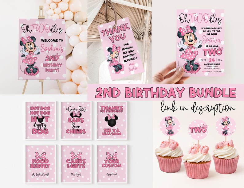 May include: A pink and white Minnie Mouse themed 2nd birthday party printable bundle. The bundle includes a welcome sign, thank you tags, cupcake toppers, food signs, and an invitation. The invitation says "Oh Two-dles, It's hard to believe, but yes it's true, our sweet Sophia is turning two."