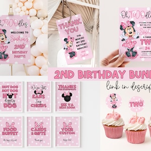 May include: A pink and white Minnie Mouse themed 2nd birthday party printable bundle. The bundle includes a welcome sign, thank you tags, cupcake toppers, food signs, and an invitation. The invitation says "Oh TWOdles, It's hard to believe, but yes it's true, our sweet Sophia is turning TWO."