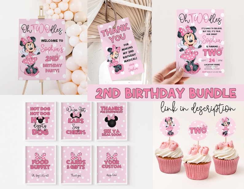 May include: A pink and white Minnie Mouse themed 2nd birthday party printable bundle. The bundle includes a welcome sign, thank you tags, cupcake toppers, food signs, and an invitation. The invitation says "Oh TWOdles, It's hard to believe, but yes it's true, our sweet Sophia is turning TWO."