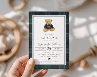 Vintage polo teddy baby shower uitnodiging Lauren baby shower decoratie bewerkbare luxe teddybeer baby shower uitnodiging jongen baby shower uitnodiging
