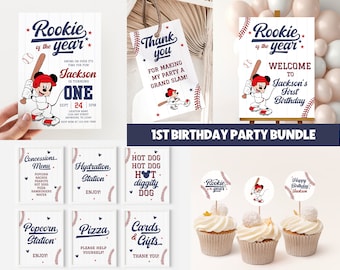 Editable Rookie of the Year FIRST BIRTHDAY Party Bundle Baseball 1st Birthday Invitation Rookie Year First Birthday Party Decor Mickey Theme