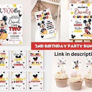 May include: A printable party bundle featuring Mickey Mouse for a second birthday. The bundle includes invitations, thank you cards, food signs, cupcake toppers, and a welcome sign. The theme is red, yellow, and black with Mickey Mouse illustrations.