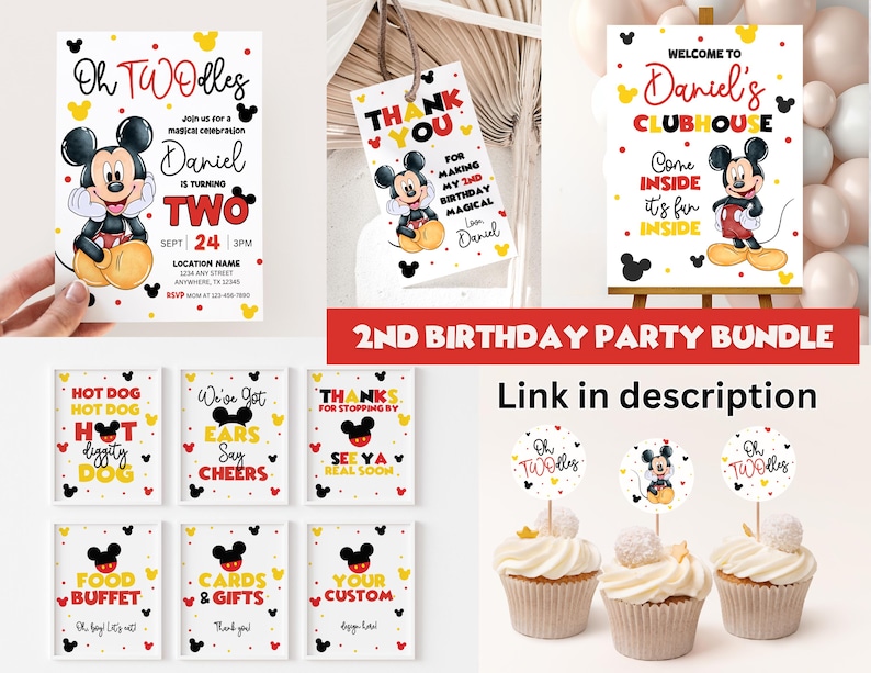 May include: A printable party bundle featuring Mickey Mouse for a second birthday. The bundle includes invitations, thank you cards, food signs, cupcake toppers, and a welcome sign. The theme is red, yellow, and black with Mickey Mouse illustrations.