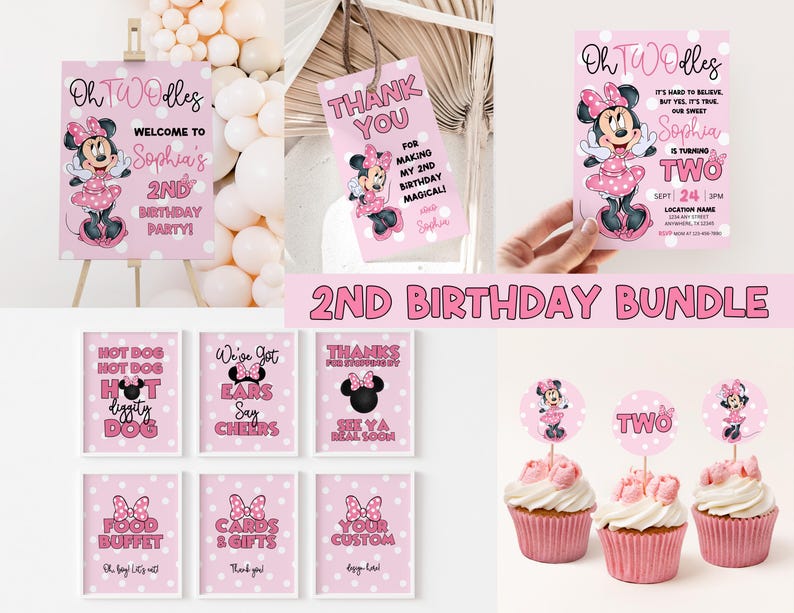 Może przedstawiać: Zestaw do druku na 2. urodziny w stylu Minnie Mouse w kolorze r&oacute;żowym i białym. Zestaw zawiera tabliczkę powitalną, etykiety z podziękowaniami, ozdoby na babeczki, tabliczki z jedzeniem i zaproszenie. Zaproszenie brzmi: "Oh Two-dles, Trudno w to uwierzyć, ale tak, to prawda, nasza słodka Sophia kończy dwa lata."