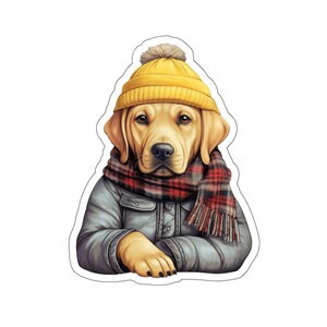 Cozy Yellow Lab Sticker - Winter Dog in Hat and Scarf Decal