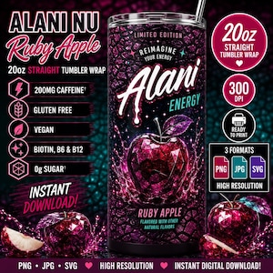 Pode incluir: Um design digital para copo reto de 20oz com a marca da bebida energética Alani Nu Ruby Apple. O gráfico exibe uma maçã vermelha facetada e brilhante com respingos, um fundo texturizado roxo escuro e vários textos informativos incluídos.