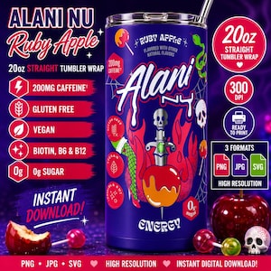 May include: A 20oz straight tumbler wrap design featuring a purple background with a central graphic of a dagger piercing a red apple. The design includes a skull, a green snake, spiderwebs, and text reading Alani Nu Ruby Apple Energy.