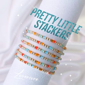 Pretty Little Stacker Elastic Bracelet | Showgirl Teal Blue, Mint Green, Orange 14k Gold Plated | Dainty Layering Stretch Stackable