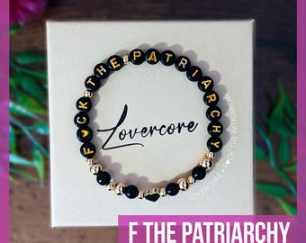 F*ck the Patriarchy Beaded Bracelet: Black & Gold Feminist Jewelry
