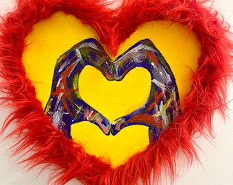 Love one of a kind original hand painted wall decoration hanging wooden heart embellished  fur.