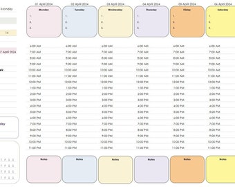 May include: A weekly planner with a light pink, light blue, yellow, and green color scheme. The planner is divided into seven days of the week, with each day having a section for notes and a time slot from 6:00 AM to 11:00 PM. The planner also includes a section for key tasks of the week, a section for routines, and a section for picking a new skill or hobby.