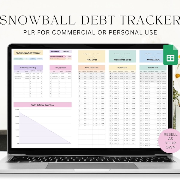 PLR Debt Snowball Spreadsheet, Rentenzahlungs-Tracker, Rentenschneeball-Rechner, Rentenrückzahlungs-Spreadsheet, Schuldenfreier Planer, kommerzielle Rechte