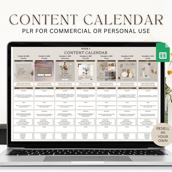PLR Social Media Content, Calendar Google Sheets, Digital Content Planner Spreadsheet, Social Media Planner Template, Commercial Rights
