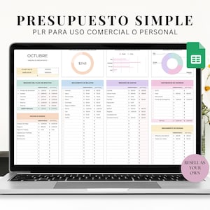 Op de afbeelding: Een laptopscherm dat een spreadsheet toont met een budgetsjabloon in het Spaans. De spreadsheet heeft de titel "Presupuesto Simple" en bevat secties voor inkomsten, uitgaven en besparingen. De spreadsheet is ontworpen voor persoonlijk of commercieel gebruik.