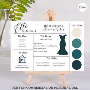Modello di scheda informativa per damigella d'onore modificabile PLR: Design moderno e minimalista per i dettagli della festa nuziale, scheda informativa per damigella d'onore, PLR, rivendita