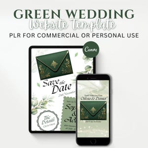 May include: A digital green wedding website template displayed on a tablet and smartphone. The text reads: GREEN WEDDING Website Template, PLR FOR COMMERCIAL OR PERSONAL USE, Save the Date, The Details, Olivia & Daniel, and Canva.