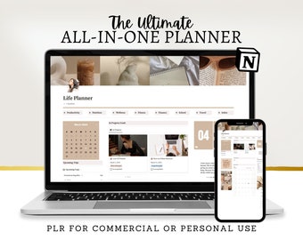 May include: A laptop and a smartphone displaying a website with the text "Life Planner" and a calendar for March 2024. The website is designed with a minimalist aesthetic and features a beige color scheme. The text "The Ultimate ALL-IN-ONE PLANNER" is displayed above the laptop screen.