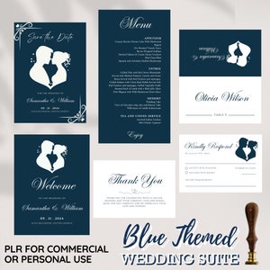 PLR Blaue Hochzeitsreihe, Hochzeitseinladung, Antwortkarten, Details, Save the Date, Dankeskarte, Menükarte, Hochzeitsschild, kommerzielle Rechte