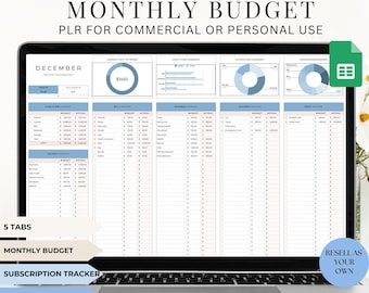 PLR Monthly Budget Spreadsheet, Monthly Budget for Google sheets, Personal Finance Tool, Smart Calendar, Subscription Tracker, PLR