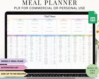 PLR Weekly Meal Planner Google Sheets, Automated Grocery List, Weekly Meal Organizer, Grocery List Template, Kitchen Planner