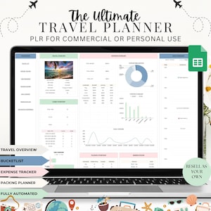 May include: A laptop computer screen displaying a pink and green travel planner spreadsheet with the text "The Ultimate Travel Planner" and "PLR for Commercial or Personal Use". The spreadsheet includes sections for travel overview, bucket list, expense tracker, packing planner, and reservations. The spreadsheet also includes charts and graphs.