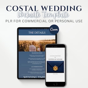 May include: A digital wedding website template for Canva featuring a tablet and smartphone display. The tablet shows a blue-themed layout with text titled THE DETAILS, while the smartphone displays an invitation with a blue envelope and gold seal.