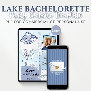 Puede incluir: Una plantilla de sitio web digital para una fiesta de despedida de soltera en el lago mostrada en una tableta y un teléfono inteligente. El diseño presenta tonos azules, gráficos de sobres florales, palmeras, cócteles y el texto Love on the Lake.