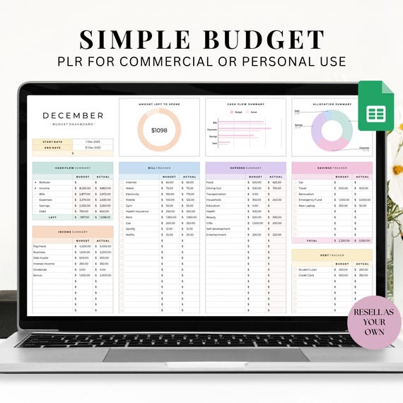 Simple Budget Spreadsheet: Personal Finance Tool for Google Sheets (PLR)